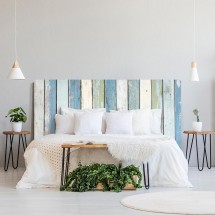 Tête de lit effet bois blanc et bleu